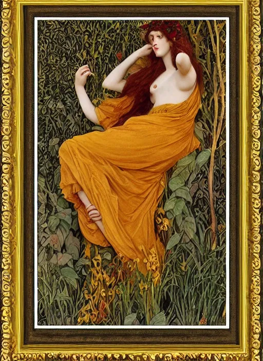 Prompt: seductive pose masterpiece of preraphaelite portrait photography, hipster hair fringe, yellow ochre ornate medieval dress, william morris and kilian eng and mucha, framed, 4 k