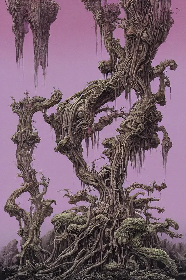 Prompt: an incredible illustration morning on a beautiful alien planet with strange trees and flowers, by hr giger, richard corben, zdzisław beksinski, moebius, hieronymus bosch and francis bacon, trending on artstation, highly detailed