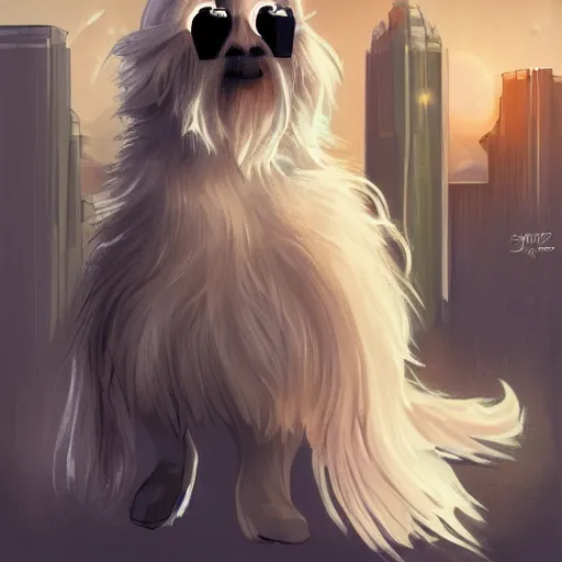 Image similar to cream colored havanese dog with a superhero cape and mask, tight shot, futuristic city, dusk, highly coherent, saga comic, graphic novel, fiona staples