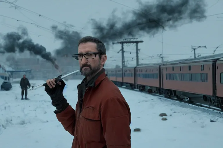 Prompt: vfx movie closeup real life gordon freeman holding crowbar in russian train yard by emmanuel lubezki