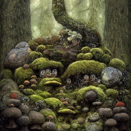 Image similar to moss - clad troll stone, mushrooms, mysterious forest, epic, fantasy, intricate, hyper detailed, artstation, concept art, smooth, painting by john bauer