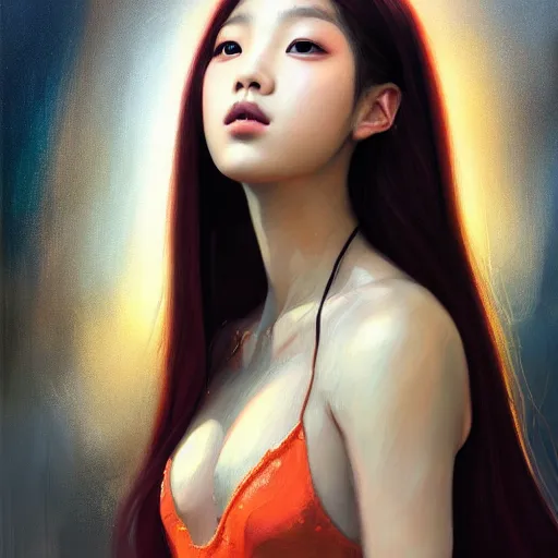 Image similar to a painting of jisoo of blackpink in the style of donato giancola, and in the style of charlie bowater, and in the style of jules ferdinand jacquemart, symmetry, smooth, sharp focus, semi - realism, photo realistic, dynamic lighting, artstation, poster, volumetric lighting, very detailed face, intricate complexity, 8 k, award winning