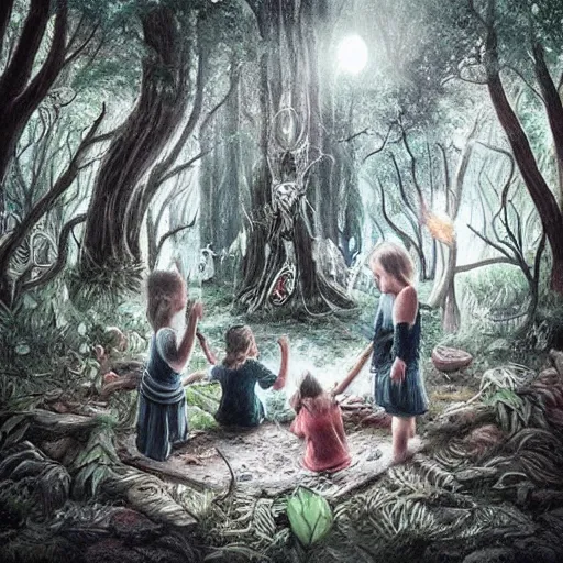 Prompt: “ childs in a magical forest making ritual, artwork, fantasy, face detailed ”