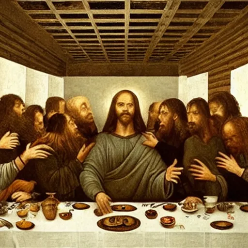 Image similar to Award Winning Editorial Masterpiece picture of a new York Soup Kitchen by David Bailey CBE, Composition The Last Supper daVinci