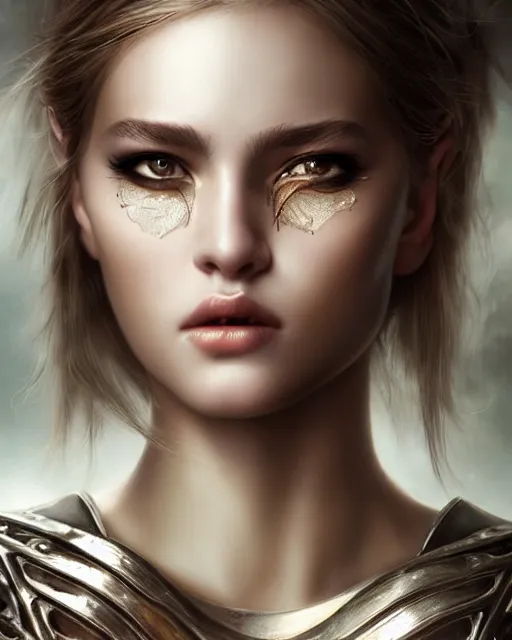 Image similar to a beautiful warrior woman, photo, ultra detail, photoreal, professionally retouched, soft moonlight lighting, shiny plastic armor, realistic, smooth face, goddess, luscious lips, perfect eyes, wide angle, sharp focus on eyes, 8 k high definition, insanely detailed, intricate, elegant, art by artgerm and wlop