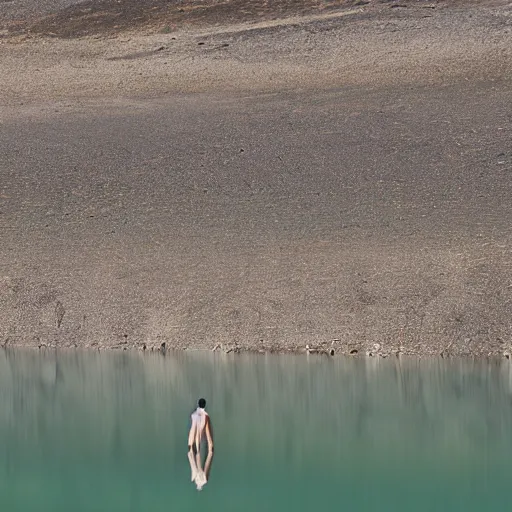 Image similar to Musty lake, single human figure floating in distance