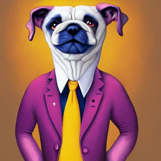 Image similar to portrait illustration of funny dog in the purple tuxedo by jeremiah ketner, quint buchholz, wlop, dan mumford