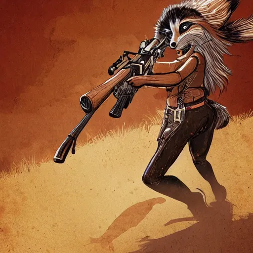 Prompt: a beautiful, dynamic illustration of an anthropomorphic fox - woman running and gunning with a winchester rifle, wild west theme, focal depth, highly detailed digital art, trending on artstation, 8 k,