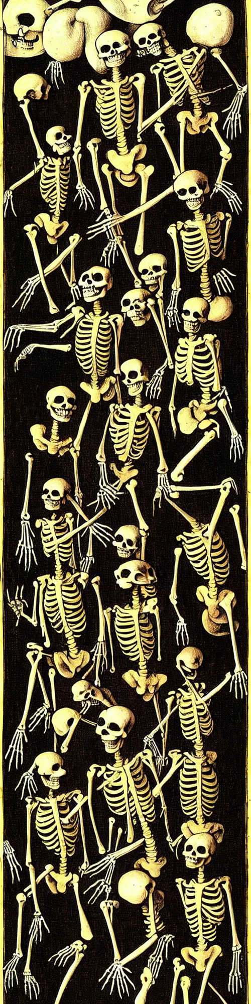 Image similar to skeletons dancing, hieronymus bosch, victor moscoso