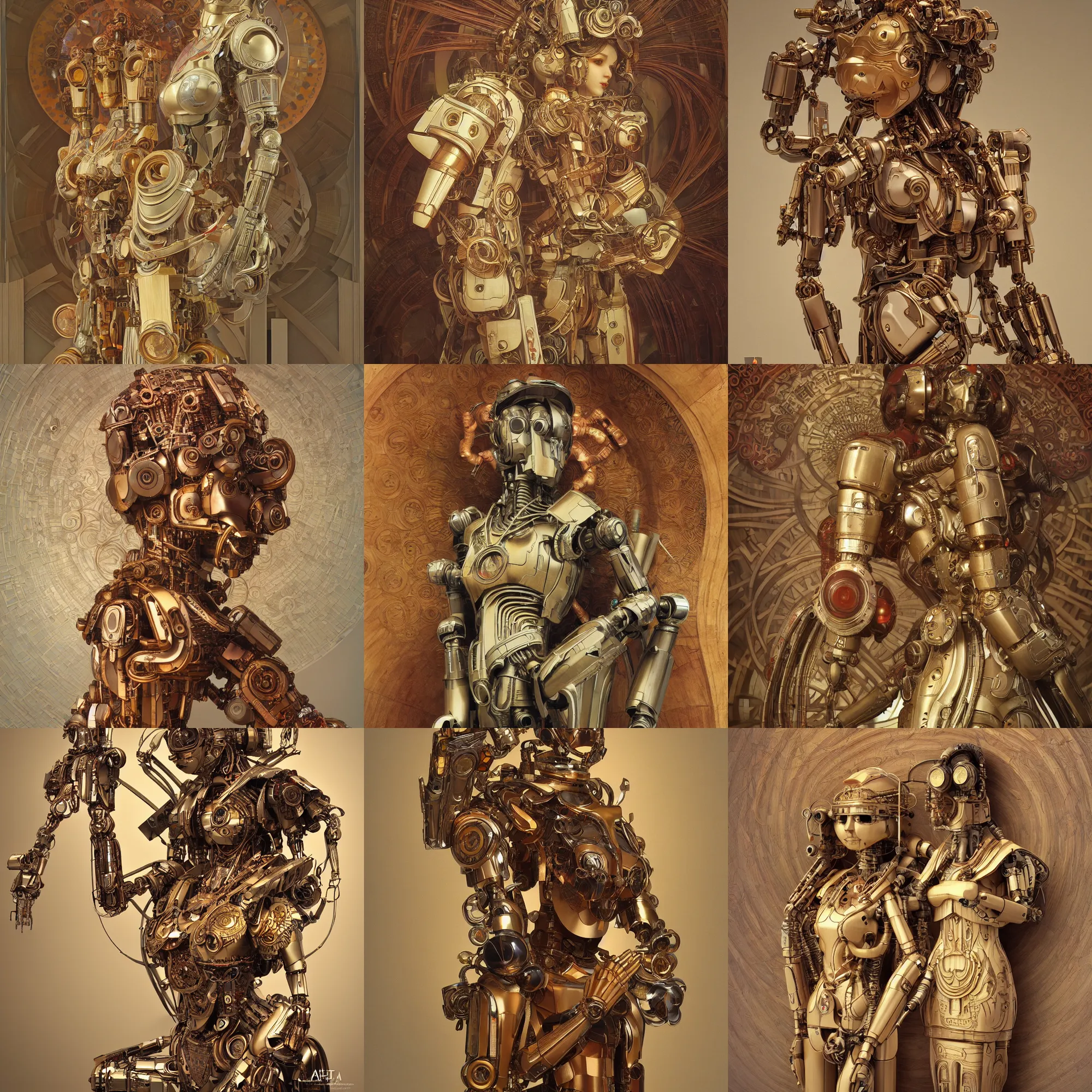 Prompt: octane render ultra photorealistic hyper detailed, a very very sculpture cute wooden mystical statue robot of the roman organique cyberpunk a contemporary art gallery in neo tokyo artwork alphonse mucha