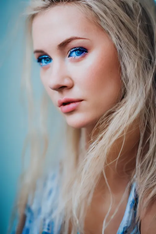Prompt: a portrait of a sexy blonde young woman, blue eyes, highly detailed, fujifilm 5 6 mm f 1. 2