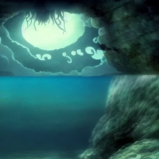 Image similar to ghosts pirate ship underwater by studio ghibli, movie still, below water