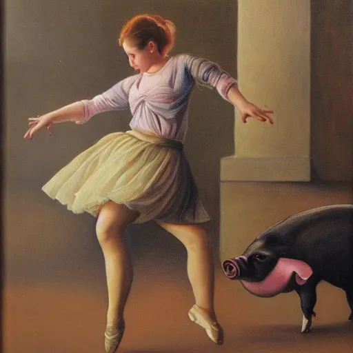 Prompt: girl dancing with a pig