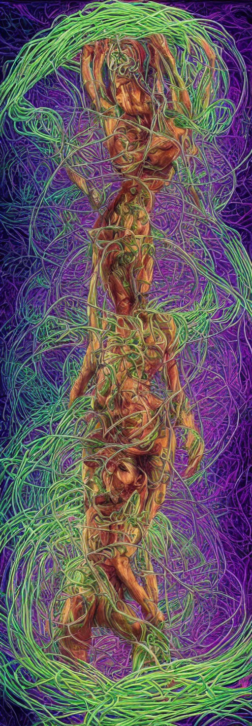 Image similar to a person trapped in the fetal position inside of extremely thick iridescent vines intertwined, central circular composition, high saturation, epic lighting, in the style of Peter gric and Amanda Sage 8k