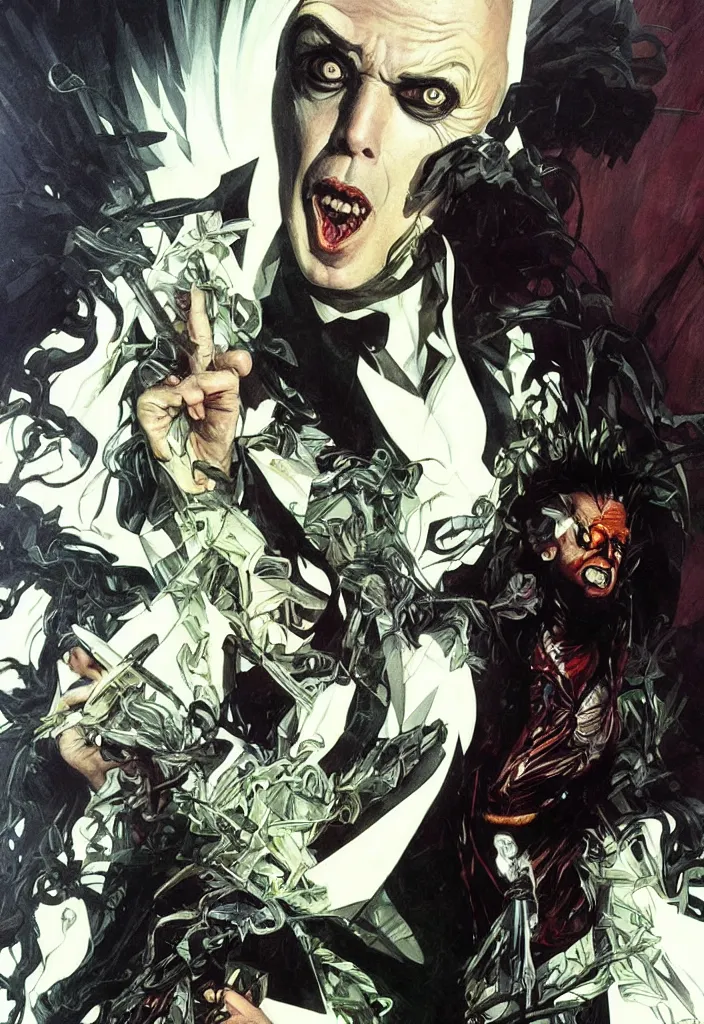 Image similar to michael keaton as beetlejuice by simon bisley, photoshop, art by artgerm and greg rutkowski and alphonse mucha