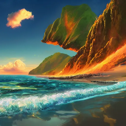 Prompt: hawaii island beach mountain by stanley artgerm lau, wlop, rossdraws, james jean, andrei riabovitchev, marc simonetti, yoshitaka amano, trending on artstation, trending on deviantart, deepdream, unreal engine, dramatic lighting, octane render, weta digital, micro details, 3 d sculpture, structure, ray trace,