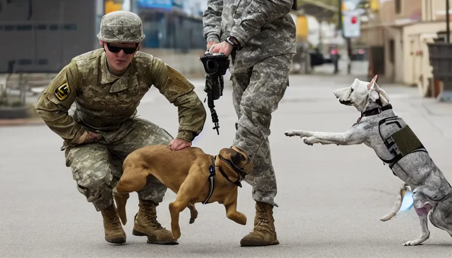 Image similar to a soldier sends a dog to attack a cyborg