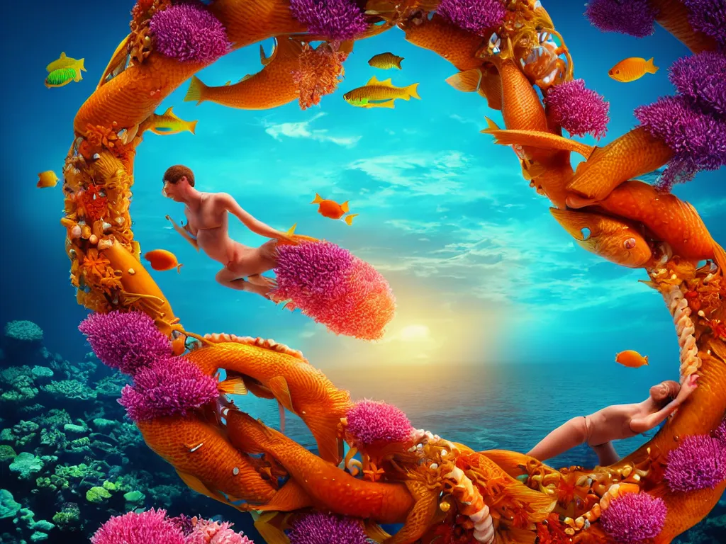 Image similar to a sculpture of fish ocean intertwined, diode lighting, a lovely cornucopia of flowers and human body parts, body parts, highly detailed, octane render, cinematic, sharp focus, clean, studio lighting, sunset, great barrier reef