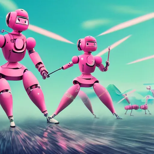 Image similar to a japanese woman battles pink robots, illustrated, detailed, 4 k