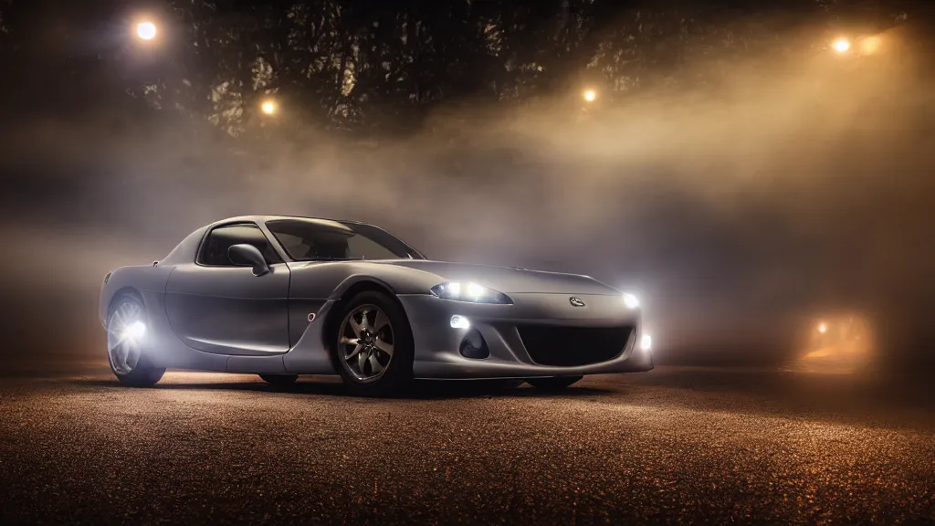 Prompt: mazda rx 7 mazda with pop up headlights, cinematic, long exposure, white balance, 8 k, led, lumen global illumination, fog, ray tracing reflections