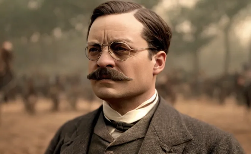 Image similar to Tobey Maguire as Theodore Roosevelt in 'Roosevelt' (2017), movie still frame, oscar nominated cinematography, volumetric lighting, 8k resolution.