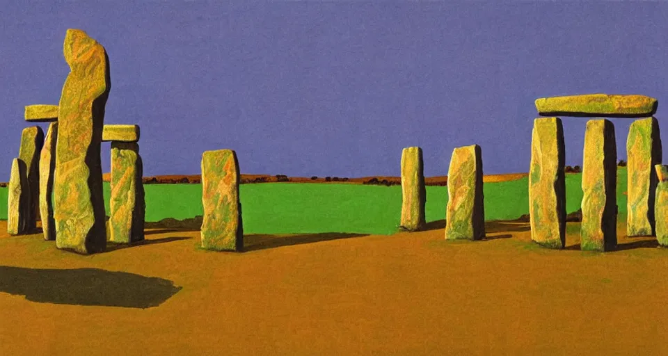 Image similar to color sketch of stonehenge, highly detailed, dramatic lighting, intense shadows, rich deep colours, by david hockney