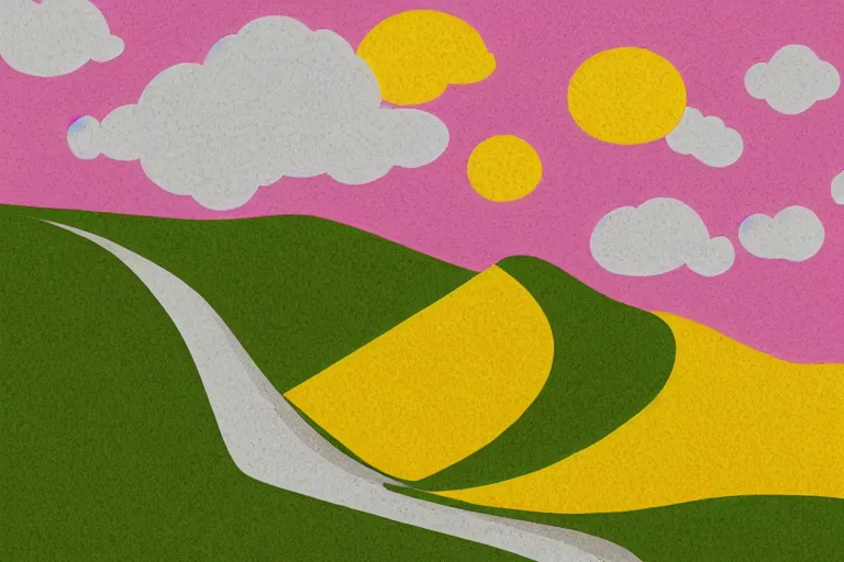 Image similar to paper craft, green textured hills and yellow sun graphic with white clouds and a colorful brick road, behance