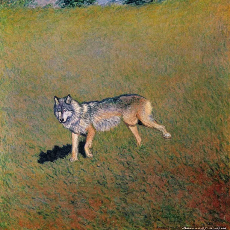 Prompt: Majestic wolf walking through a sand dune on the heath. Painting by Claude Monet (1872)