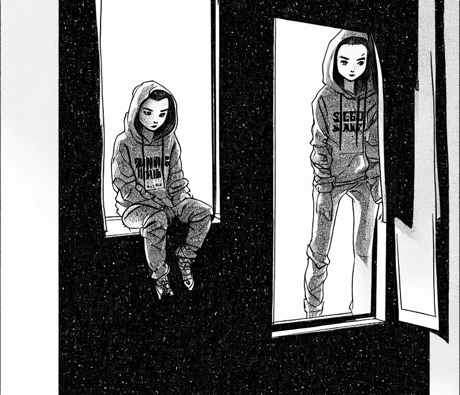 Image similar to sadie sink in hoodie, knees tucked in, sits on windowsill, | rain falls at night : b & w storyboard drawing, scifi cyberpunk. by gabriel hardman, joe alves, chris bonura. cinematic atmosphere, detailed and intricate, perfect anatomy