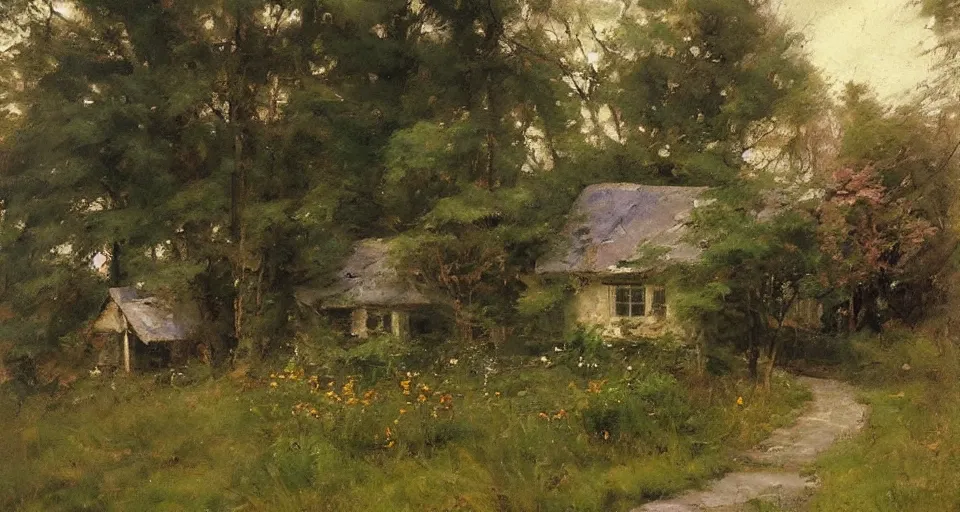 Image similar to cottage in the woods, by richard schmid