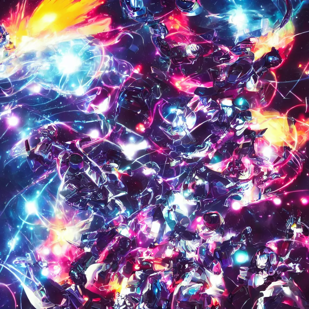 Image similar to a cybernetic nightmare stars, blinding explosions, beeple geiger falling into an event horizon with tetsuya and kansuke yomamato