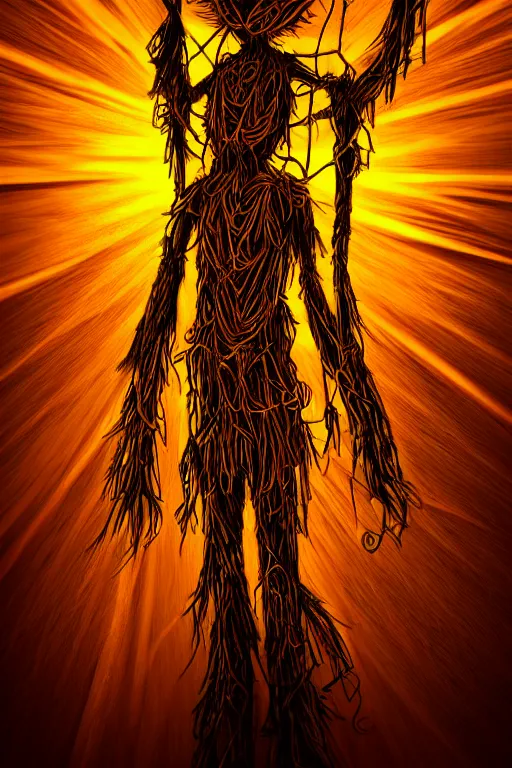 Image similar to glowing scarecrow, symmetrical, highly detailed, digital art, sharp focus, trending on art station, anime art style