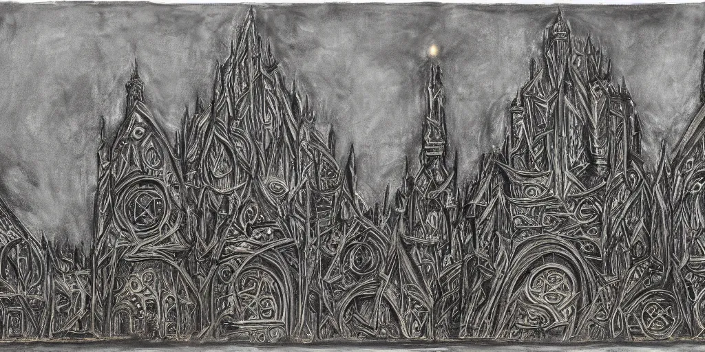 Image similar to charcoal art with adding gold leaf of monumental architecture inspired by h. p. lovecraft