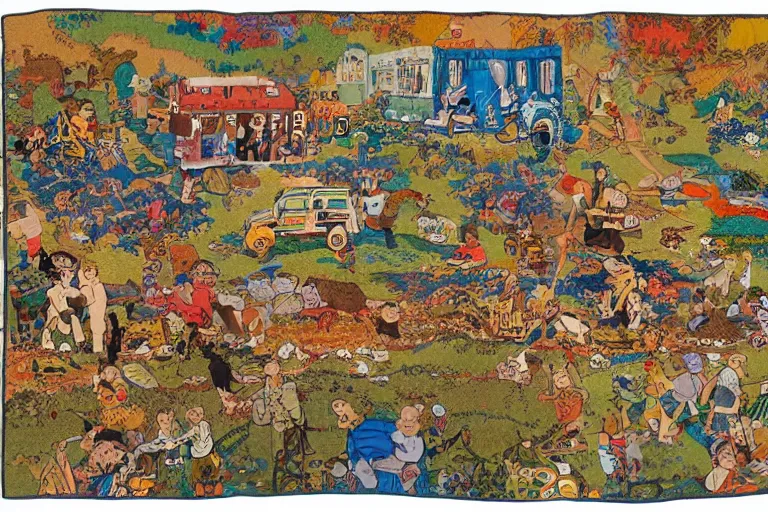 Prompt: an elaborate and dense painting of a kids road map carpet rug, detailed, made of alcohol ink on parchment and penned illustrations, by wes anderson and geoff darrow!!!!!