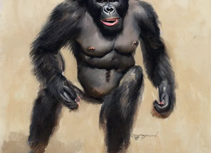 Image similar to a highly detailed beautiful portrait of a gorilla wearing a suit, by gregory manchess, james gurney, james jean