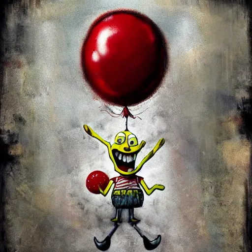 Image similar to grunge painting of spongebob with a wide smile and a red balloon by chris leib, loony toons style, pennywise style, corpse bride style, horror theme, detailed, elegant, intricate