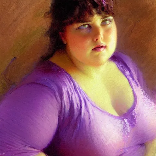 Image similar to a woman in a purple shirt with a chubby body type, painting by Gaston Bussiere, Craig Mullins