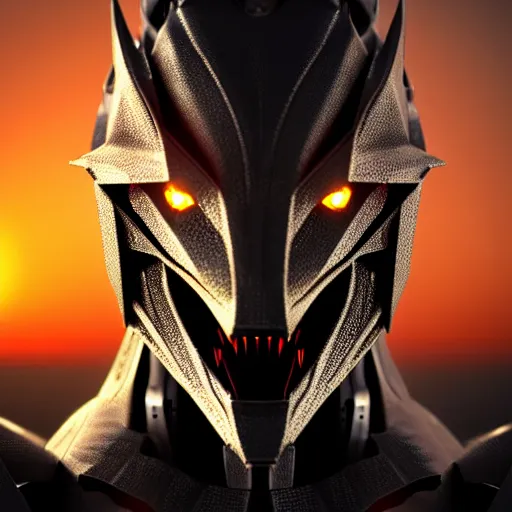 Image similar to chest up bust shot, realistic detailed stunning beautiful armored anthropomorphic humanoid female robot dragon, looking to the side, sleek streamlined armor and design made of steel, sharp claws and sharp teeth, Slick LEDs, standing on two legs, on the beach during sunset, high quality, cinematic art, sunset lighting, 3D render, 8k, artstation, deviantart, furaffinity