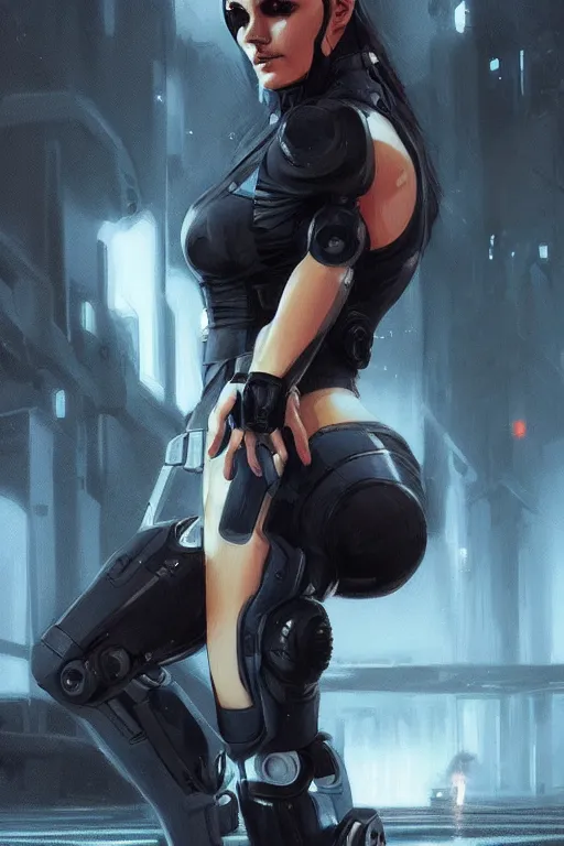 Image similar to gina carano with robotic left arm, casual black clothing, casual pose, large portrait, cyberpunk, digital painting, artstation, concept art, smooth, 8 k frostbite 3 engine, ultra detailed, art by artgerm and greg rutkowski and magali villeneuve