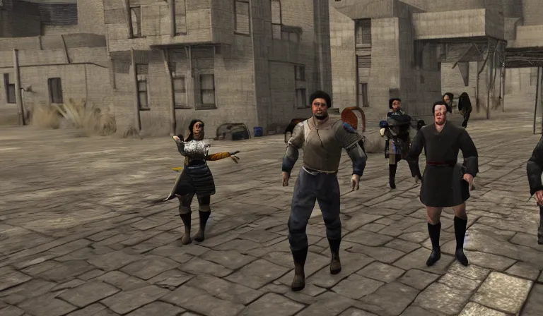 Image similar to The Seinfeld cast in a sci-fi mod for Mount and Blade Warband, 3rd person, gameplay screenshot