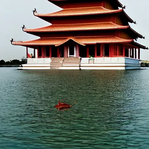 Image similar to floating temple in the middle of a large lake dedicated to the worship of sphynx cat
