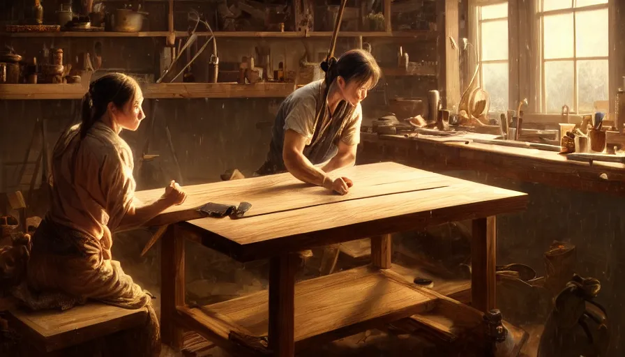 Image similar to highly detailed oil painting | very intricate | cinematic lighting | award - winning | simple carpenter fine craftsman | building a wooden table in their well organized clean workshop | beautiful cinematic light, american romanticism, by huang guangjian, gil elvgren, ruan jia, randy vargas, greg rutkowski, artstation, cgsociety, official art, octane