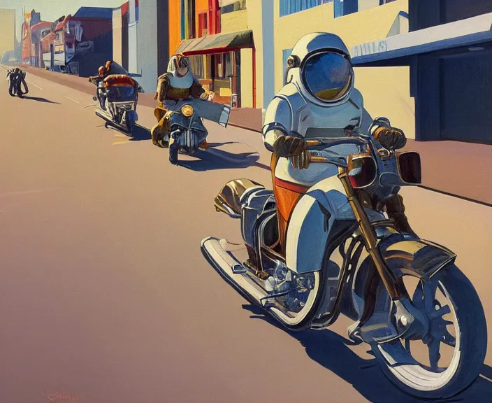 Image similar to a very detailed painting of a astronaut wearing a suit, riding a motorbike down a street, harley davidson motorbike, worm's - eye view, very fine brush strokes, very aesthetic, very futuristic, in the style of edward hopper and grant wood and syd mead, 4 k,