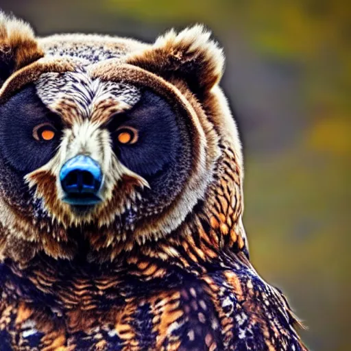 Image similar to An animal that has the body of a bear and the head of an owl, The animal has the body of a bear, with fur, the bear is brown, it's owls head has feathers, the owls face eyes are yellow , 8k, ultra realistic, professional photography