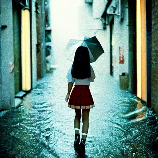 Prompt: 1990s perfect 8K HD professional cinematic photo of close-up japanese schoolgirl walking in dystopian alleyway with neon signs, at evening during rain, at instagram, Behance, Adobe Lightroom, with instagram filters, depth of field, taken with polaroid kodak portra