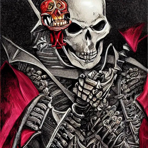 Prompt: skeleton knight, gothic art, popping color, detailed, eerie, emotional, gothic, angry, highly detailed, incredibly sharp focus, Artstation, deviantart, artgem, insane detail, intense color, vibrant cartoon art, award-winning art, super precision detail, golden ratio, in the style of Pixar and Disney