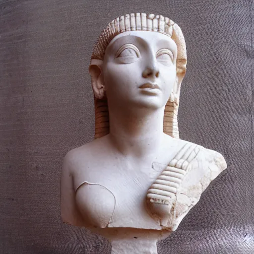 Prompt: bust of cleopatra by thutmosis, limestone, gypsum, crystal wax