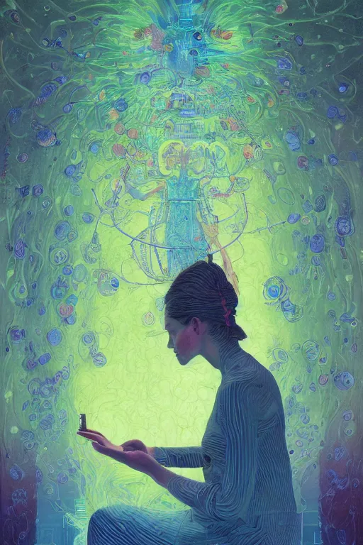 Image similar to portrait of an engineer woman programming the samsara holy cluster, fine portrait, concept art, stunning, visionary, hyper realistic, beautiful, digital painting, wow, by brecht evens, by jean delville, by francis bacon, by victo ngai