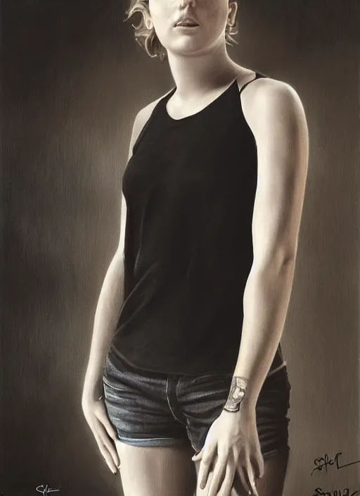 Prompt: full length photo of Adèle Haenel in a tanktop in the style of stefan kostic, full body, not realistic, sharp focus, 8k high definition, insanely detailed, intricate, elegant, art by stanley lau and artgerm