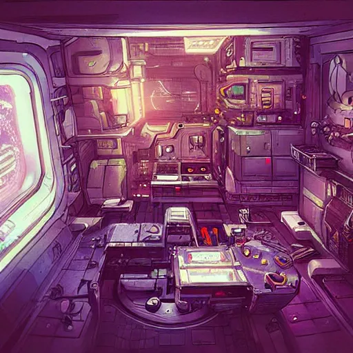 Image similar to “A cyberpunk bunk within a spaceship, D&D sci-fi, artstation, concept art, highly detailed illustration.”